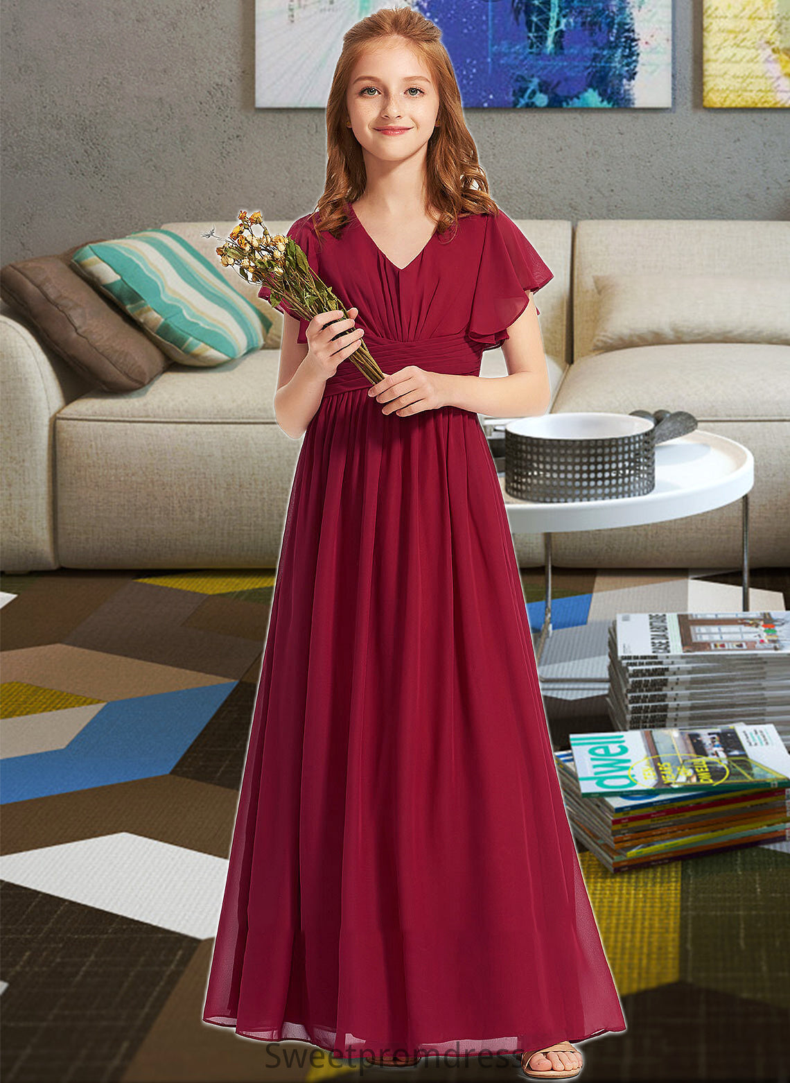 Adelaide A-Line V-neck Floor-Length Chiffon Junior Bridesmaid Dress With Ruffle DHP0013405