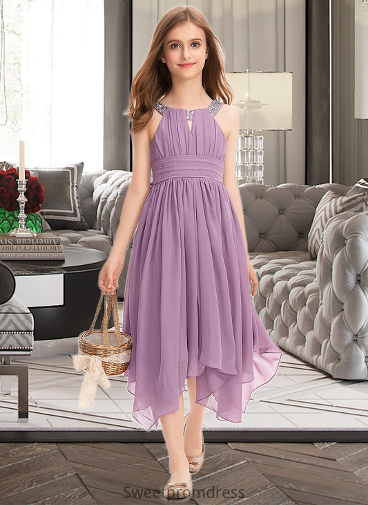 Raina A-Line Scoop Neck Tea-Length Chiffon Junior Bridesmaid Dress With Ruffle Beading Bow(s) DHP0013406