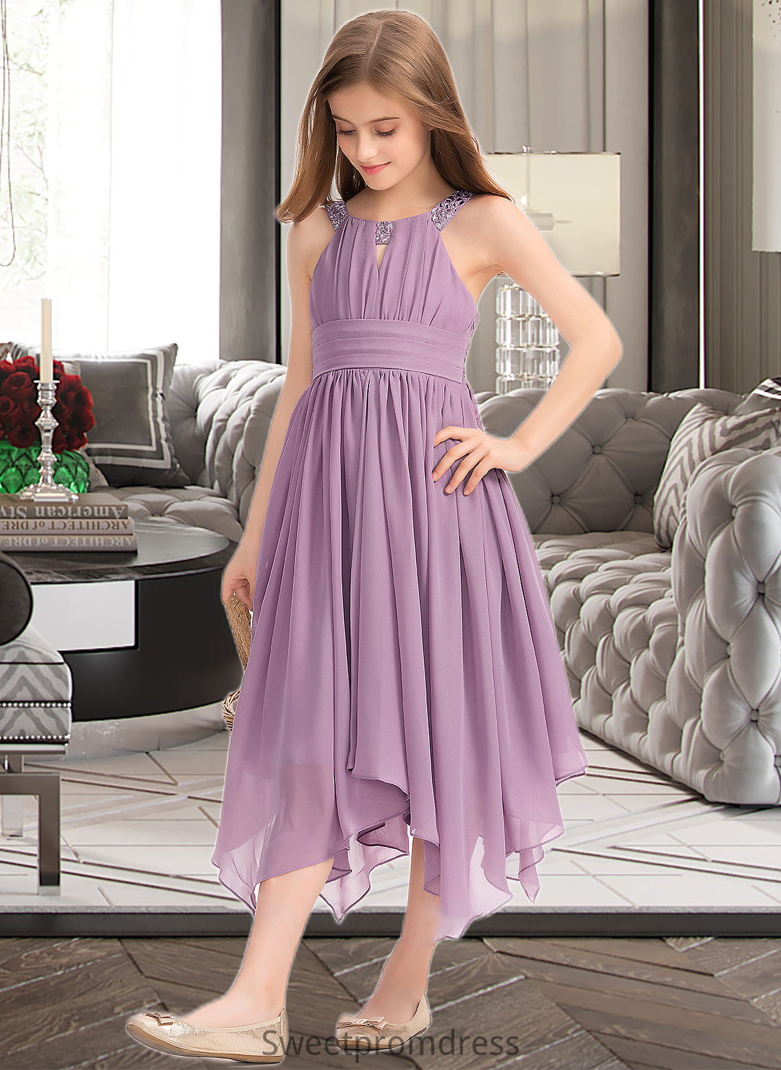 Raina A-Line Scoop Neck Tea-Length Chiffon Junior Bridesmaid Dress With Ruffle Beading Bow(s) DHP0013406