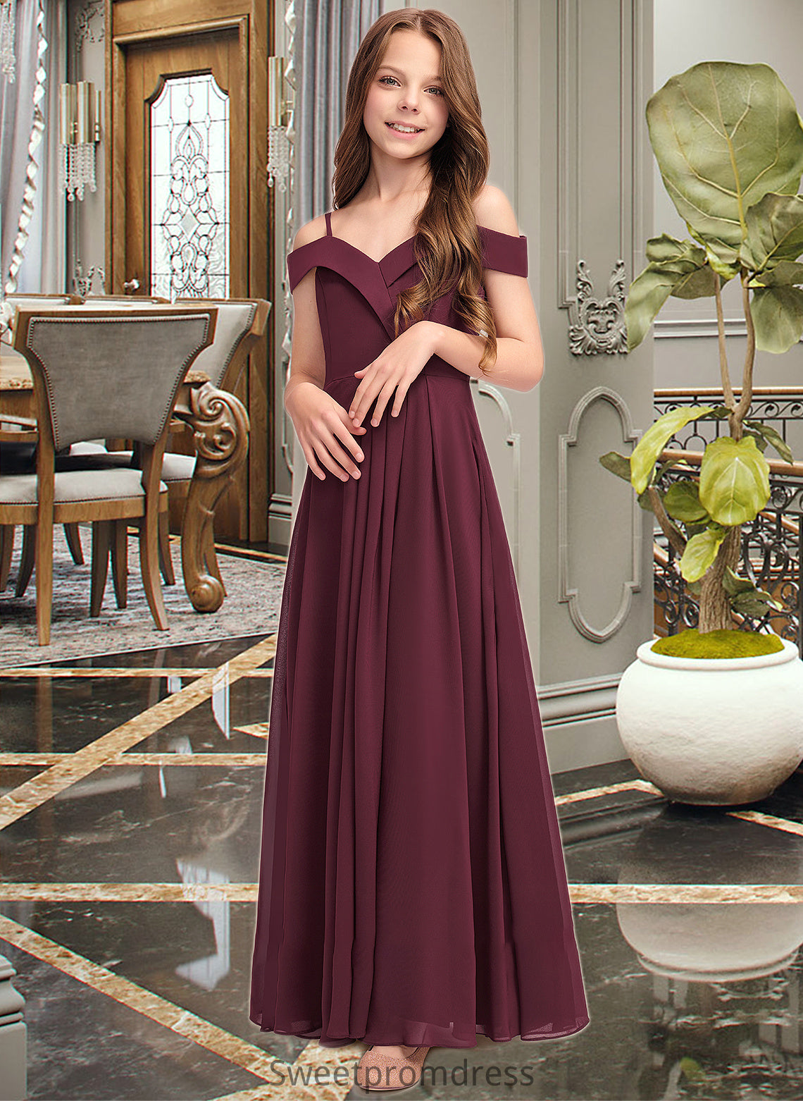 Shyanne A-Line Off-the-Shoulder Floor-Length Chiffon Junior Bridesmaid Dress DHP0013408