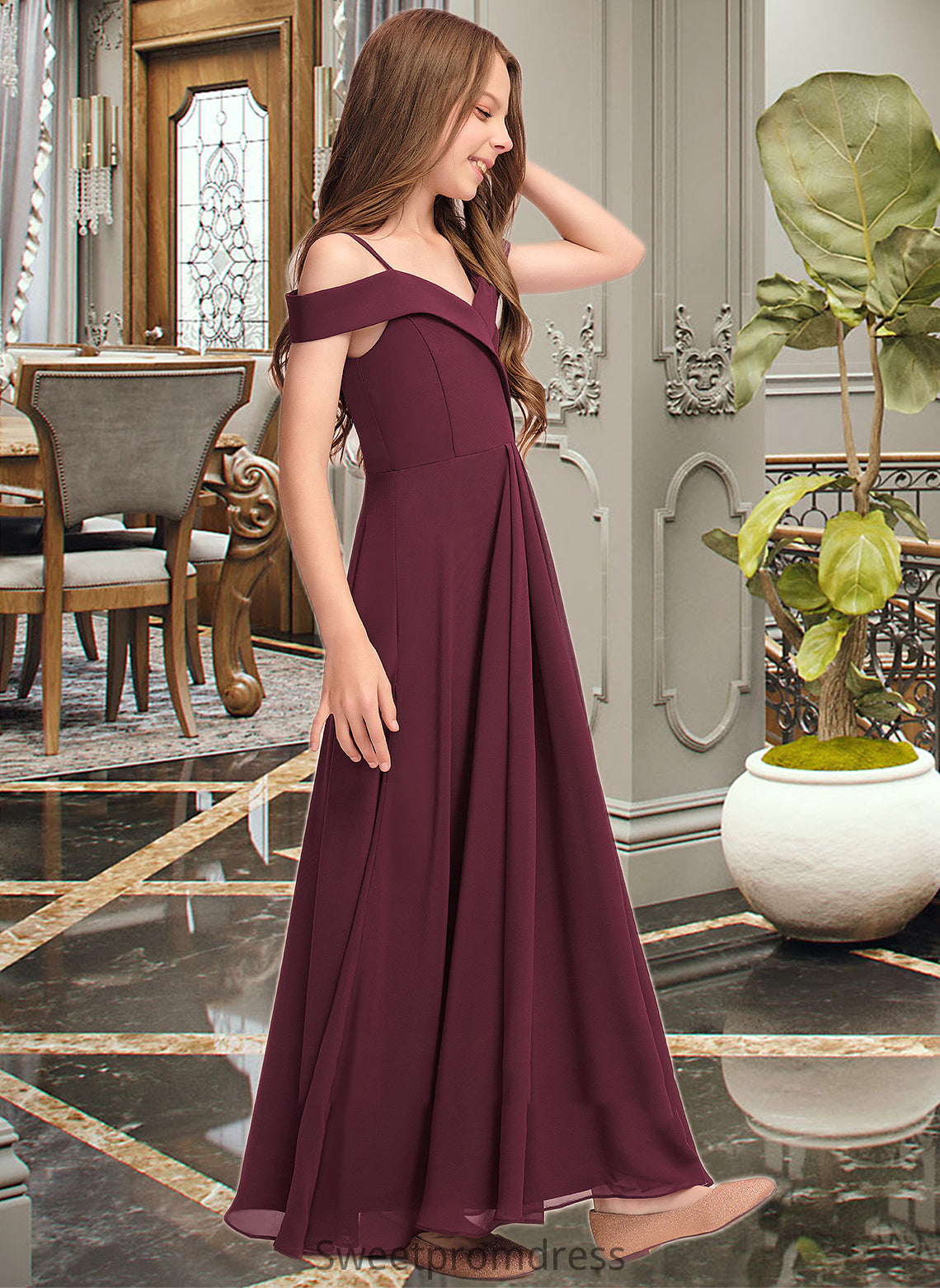 Shyanne A-Line Off-the-Shoulder Floor-Length Chiffon Junior Bridesmaid Dress DHP0013408