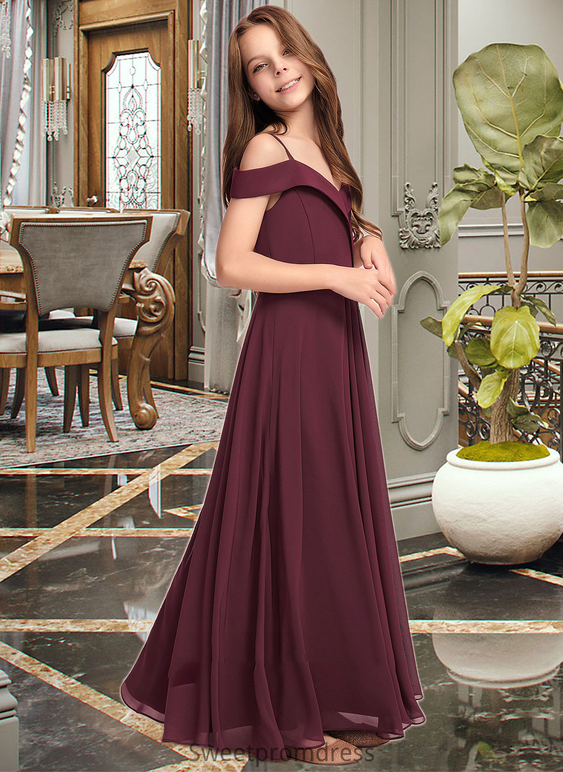 Shyanne A-Line Off-the-Shoulder Floor-Length Chiffon Junior Bridesmaid Dress DHP0013408