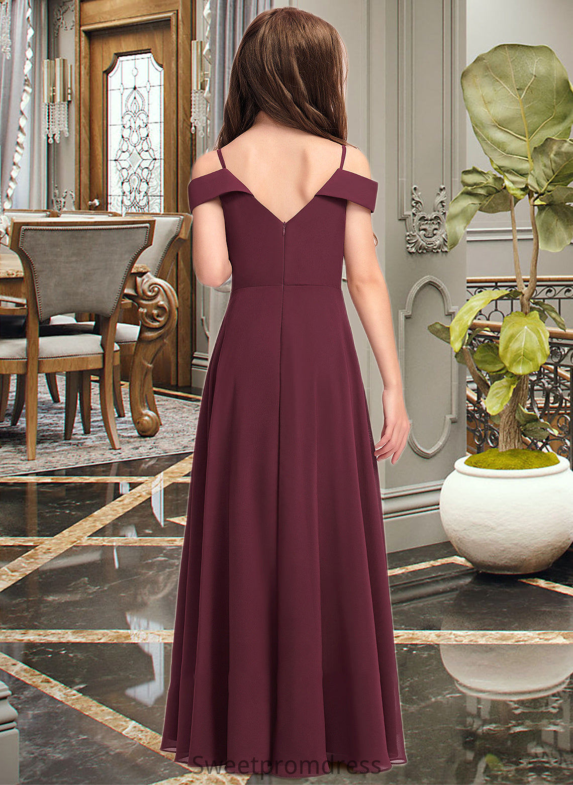 Shyanne A-Line Off-the-Shoulder Floor-Length Chiffon Junior Bridesmaid Dress DHP0013408