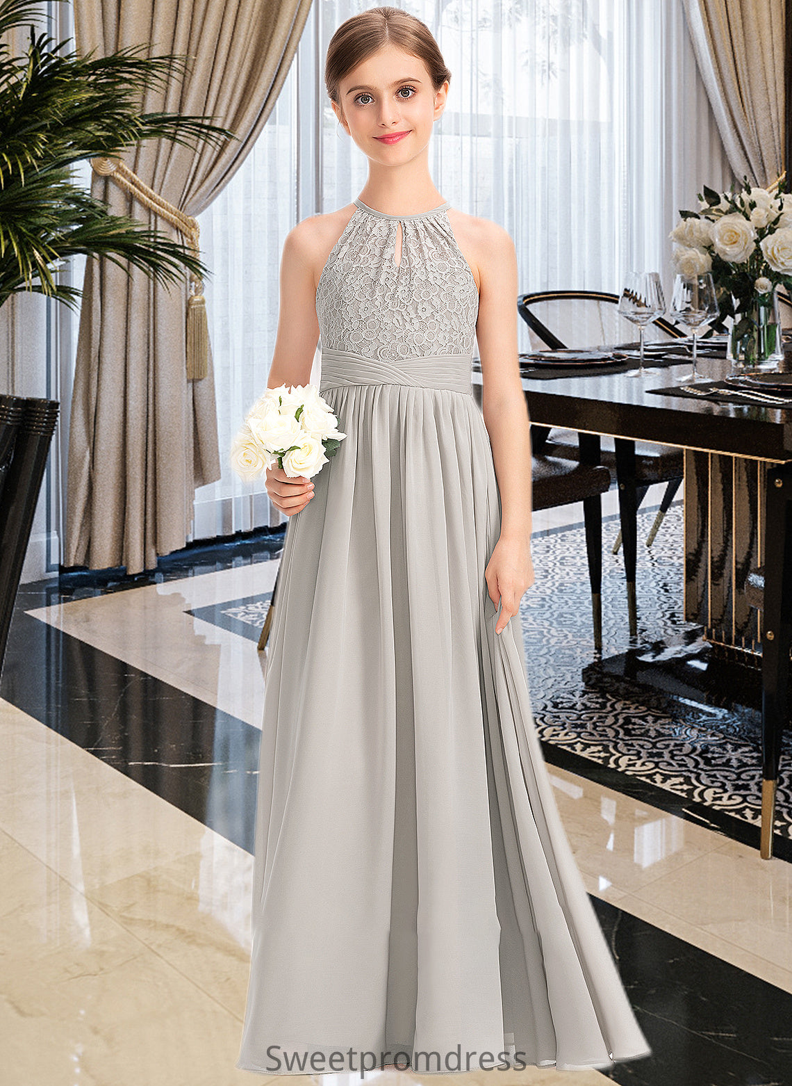 Aliana A-Line Scoop Neck Floor-Length Chiffon Lace Junior Bridesmaid Dress With Ruffle DHP0013409