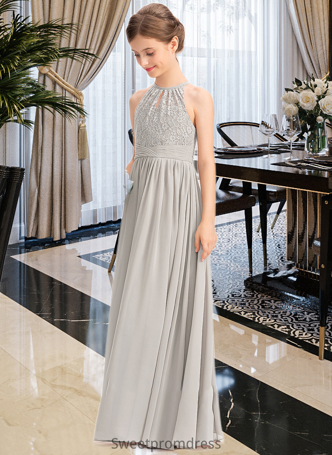 Aliana A-Line Scoop Neck Floor-Length Chiffon Lace Junior Bridesmaid Dress With Ruffle DHP0013409