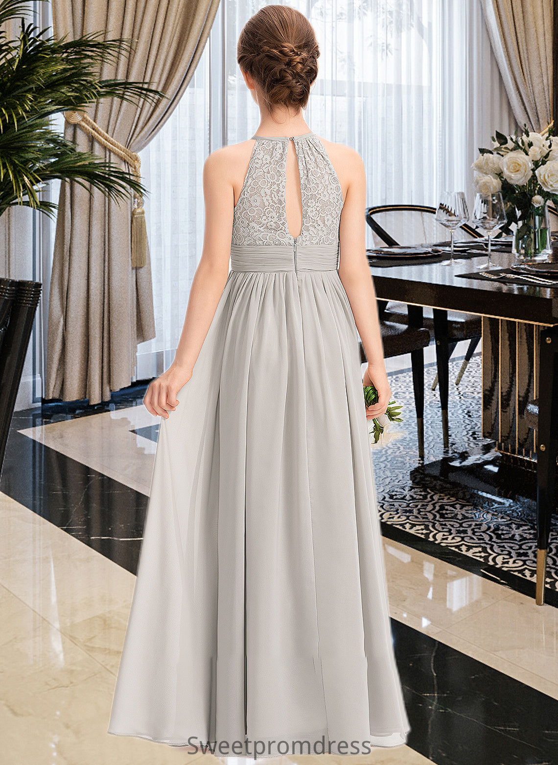 Aliana A-Line Scoop Neck Floor-Length Chiffon Lace Junior Bridesmaid Dress With Ruffle DHP0013409