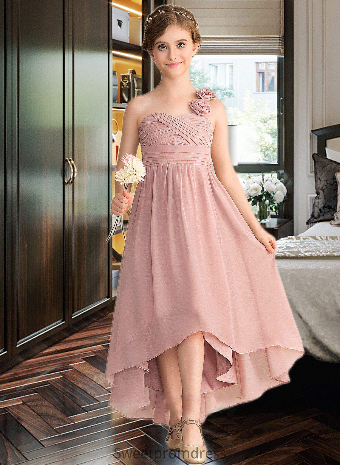 Ada A-Line One-Shoulder Asymmetrical Chiffon Junior Bridesmaid Dress With Ruffle Flower(s) Bow(s) DHP0013410