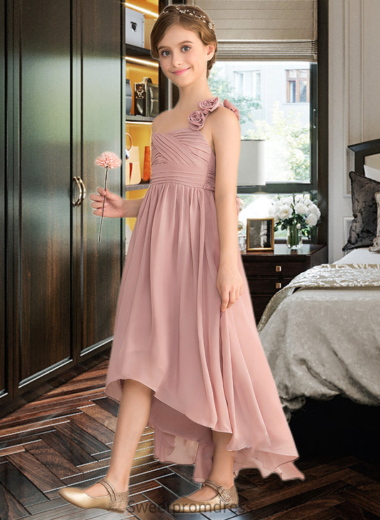 Ada A-Line One-Shoulder Asymmetrical Chiffon Junior Bridesmaid Dress With Ruffle Flower(s) Bow(s) DHP0013410