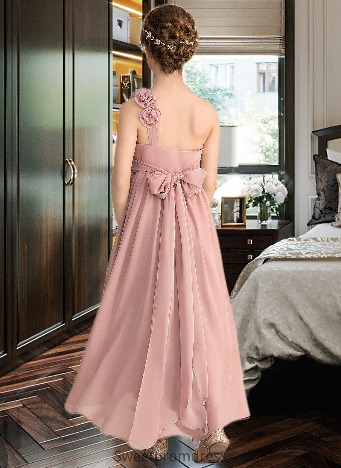 Ada A-Line One-Shoulder Asymmetrical Chiffon Junior Bridesmaid Dress With Ruffle Flower(s) Bow(s) DHP0013410