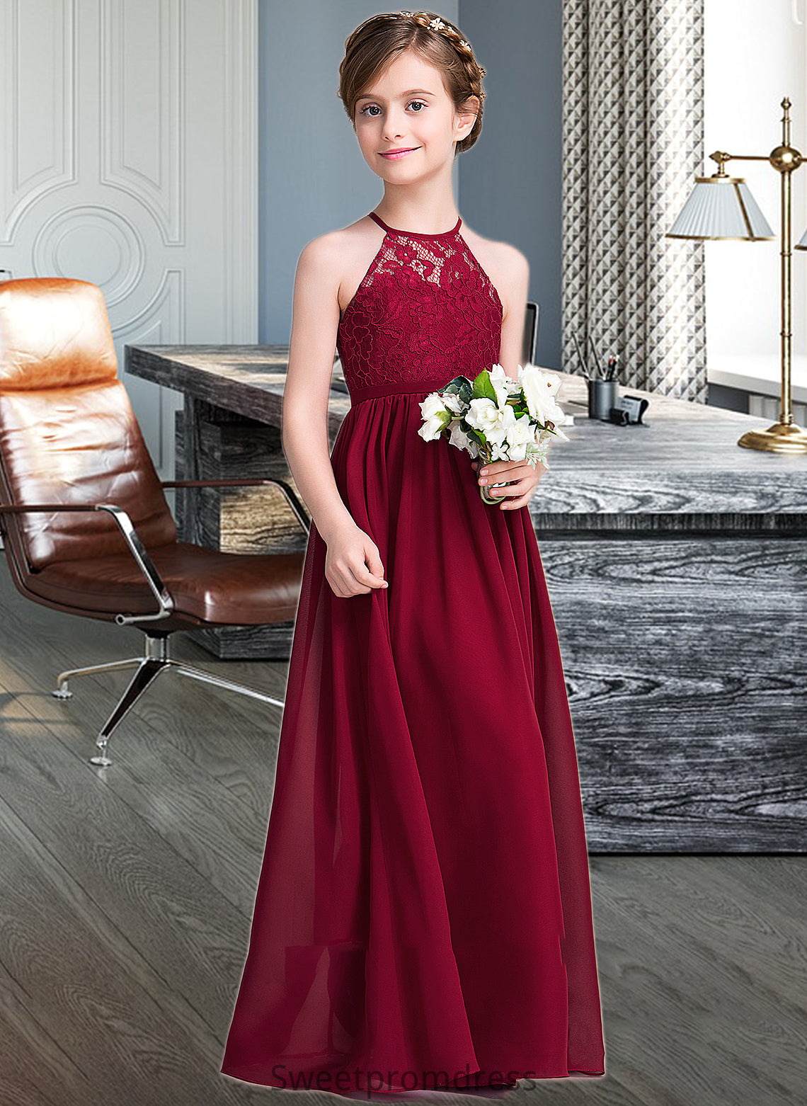 Julia A-Line Scoop Neck Floor-Length Chiffon Junior Bridesmaid Dress DHP0013412