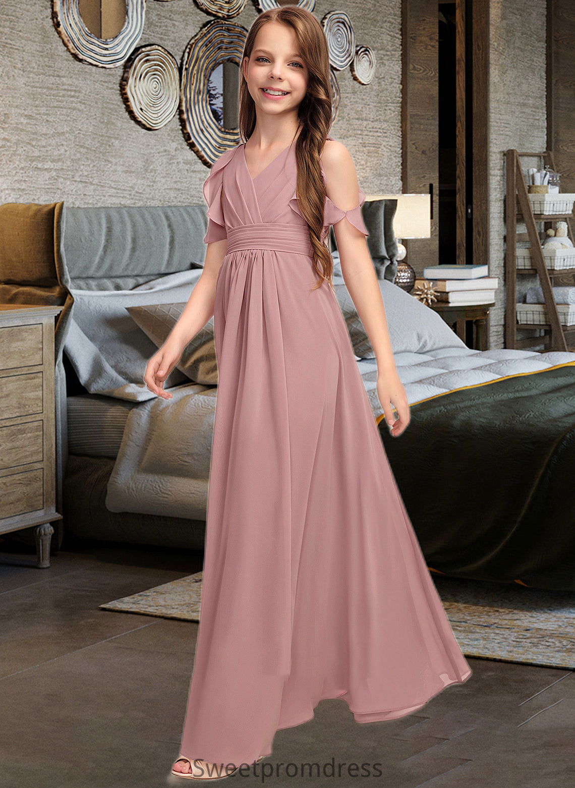 Miley A-Line V-neck Floor-Length Chiffon Junior Bridesmaid Dress With Cascading Ruffles DHP0013413