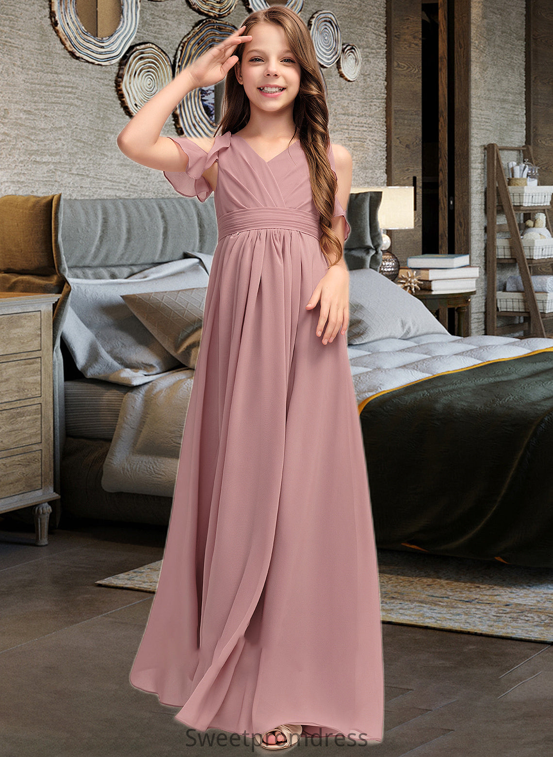 Miley A-Line V-neck Floor-Length Chiffon Junior Bridesmaid Dress With Cascading Ruffles DHP0013413