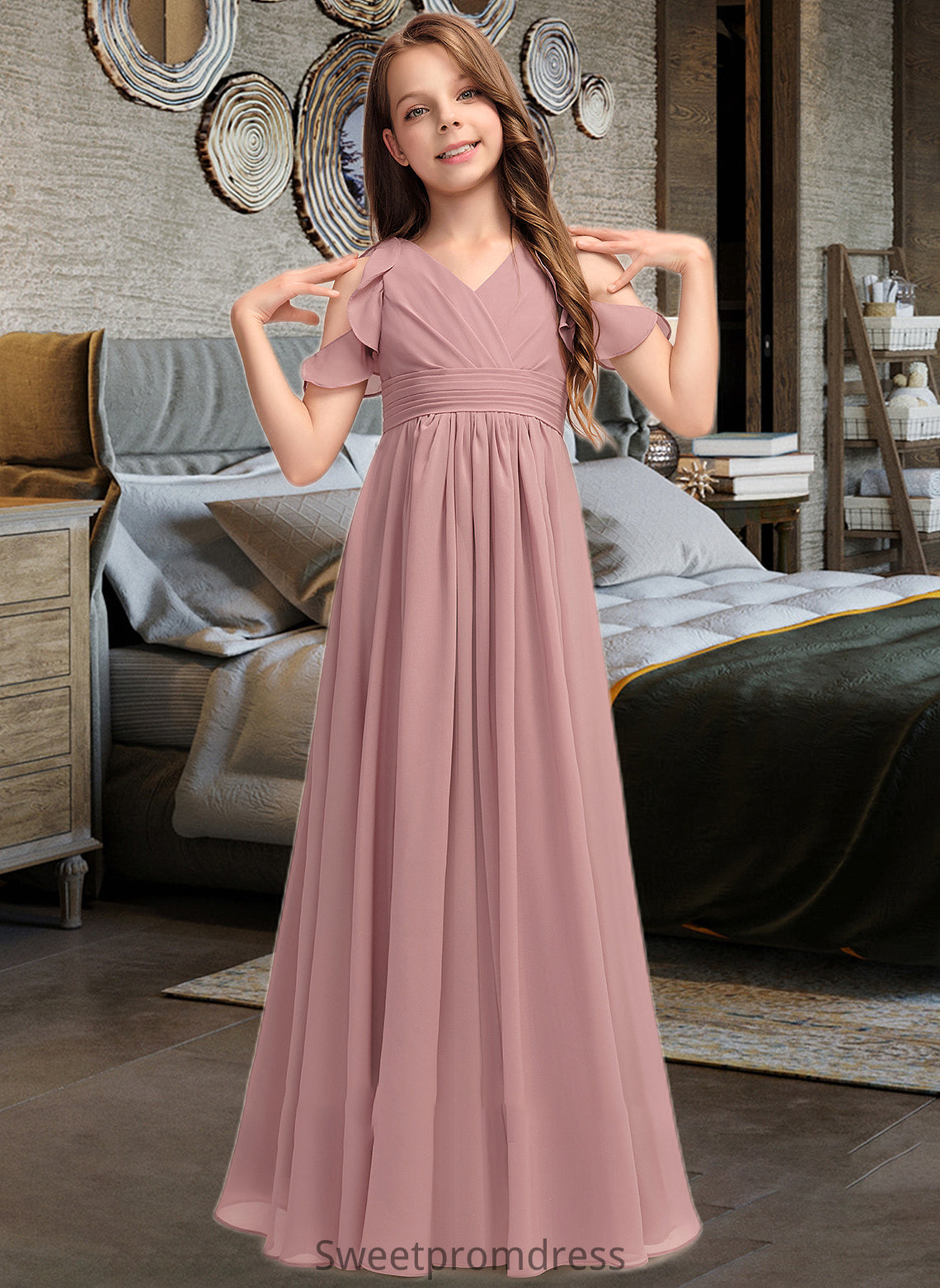 Miley A-Line V-neck Floor-Length Chiffon Junior Bridesmaid Dress With Cascading Ruffles DHP0013413