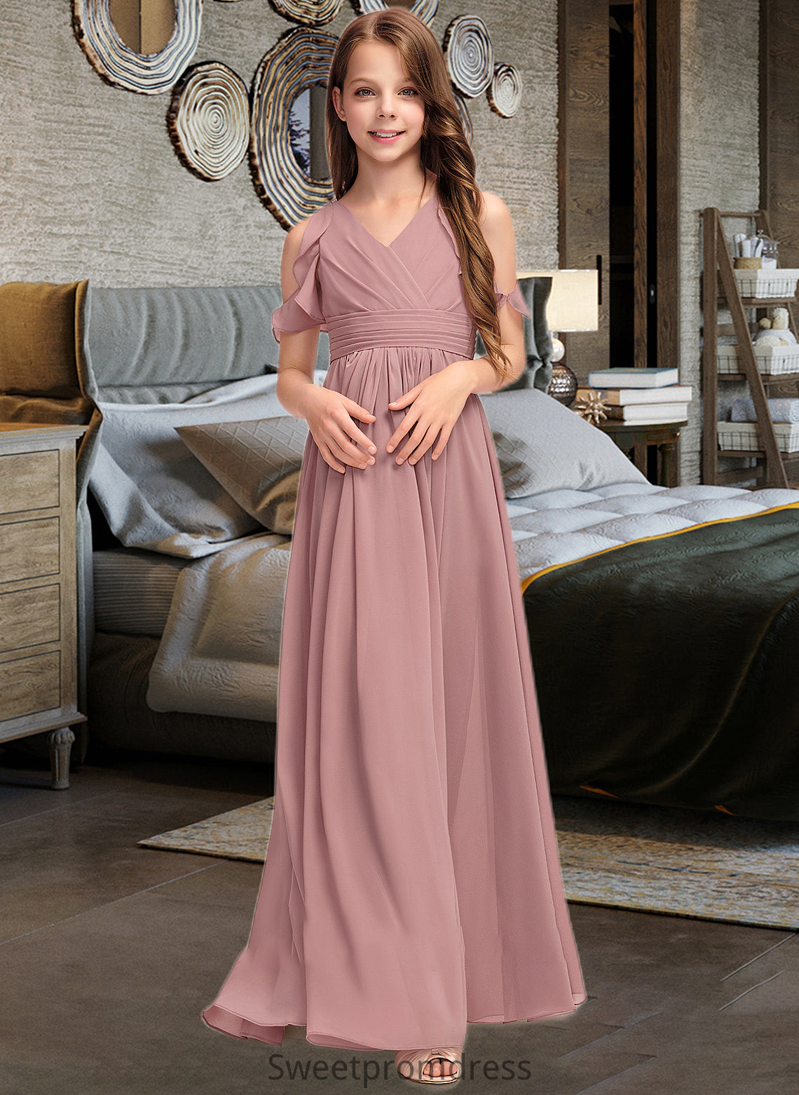 Miley A-Line V-neck Floor-Length Chiffon Junior Bridesmaid Dress With Cascading Ruffles DHP0013413