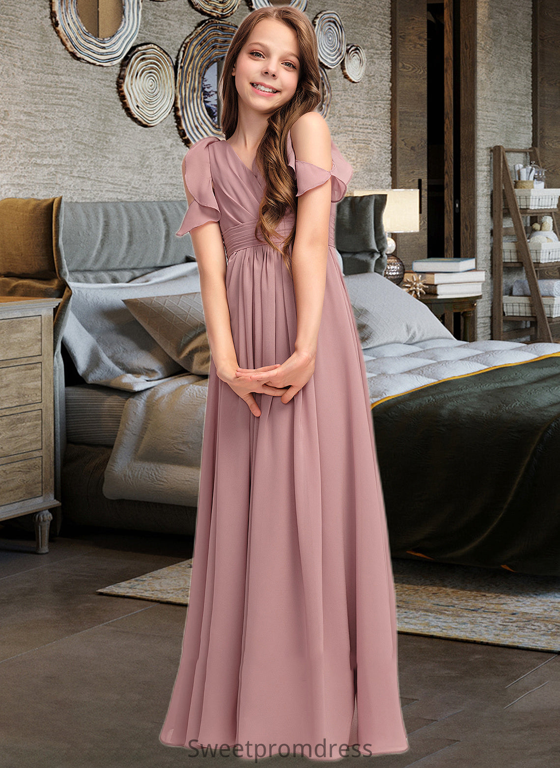 Miley A-Line V-neck Floor-Length Chiffon Junior Bridesmaid Dress With Cascading Ruffles DHP0013413