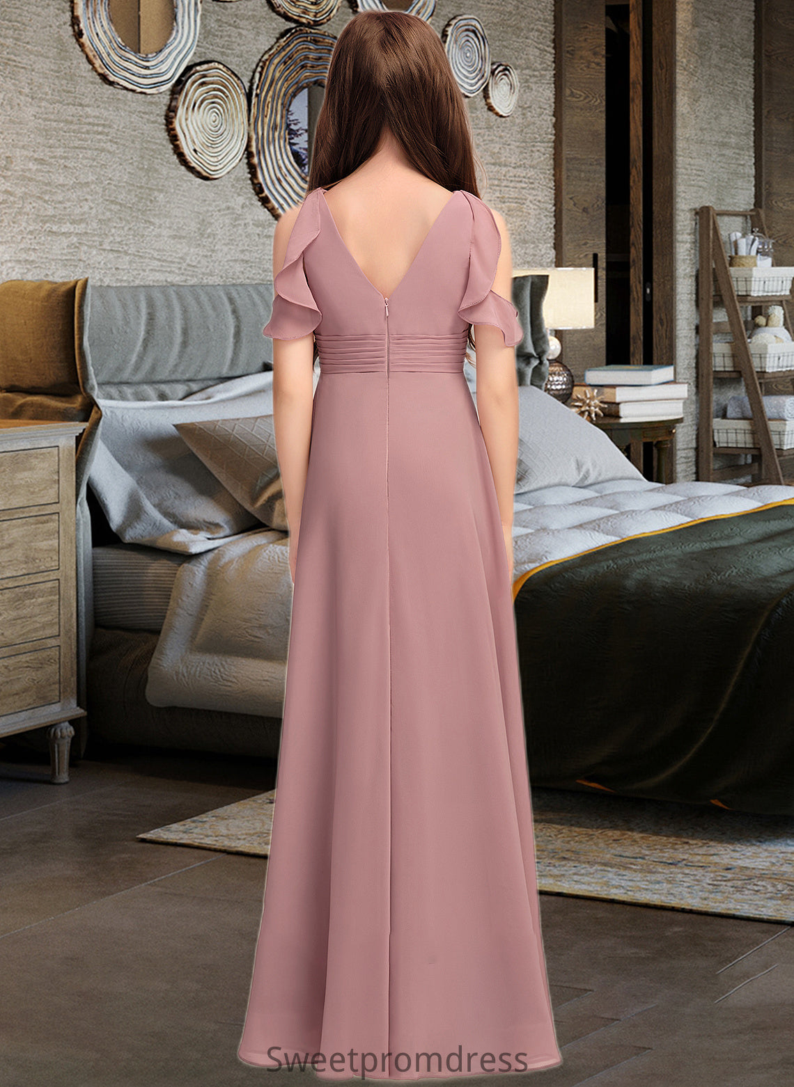 Miley A-Line V-neck Floor-Length Chiffon Junior Bridesmaid Dress With Cascading Ruffles DHP0013413