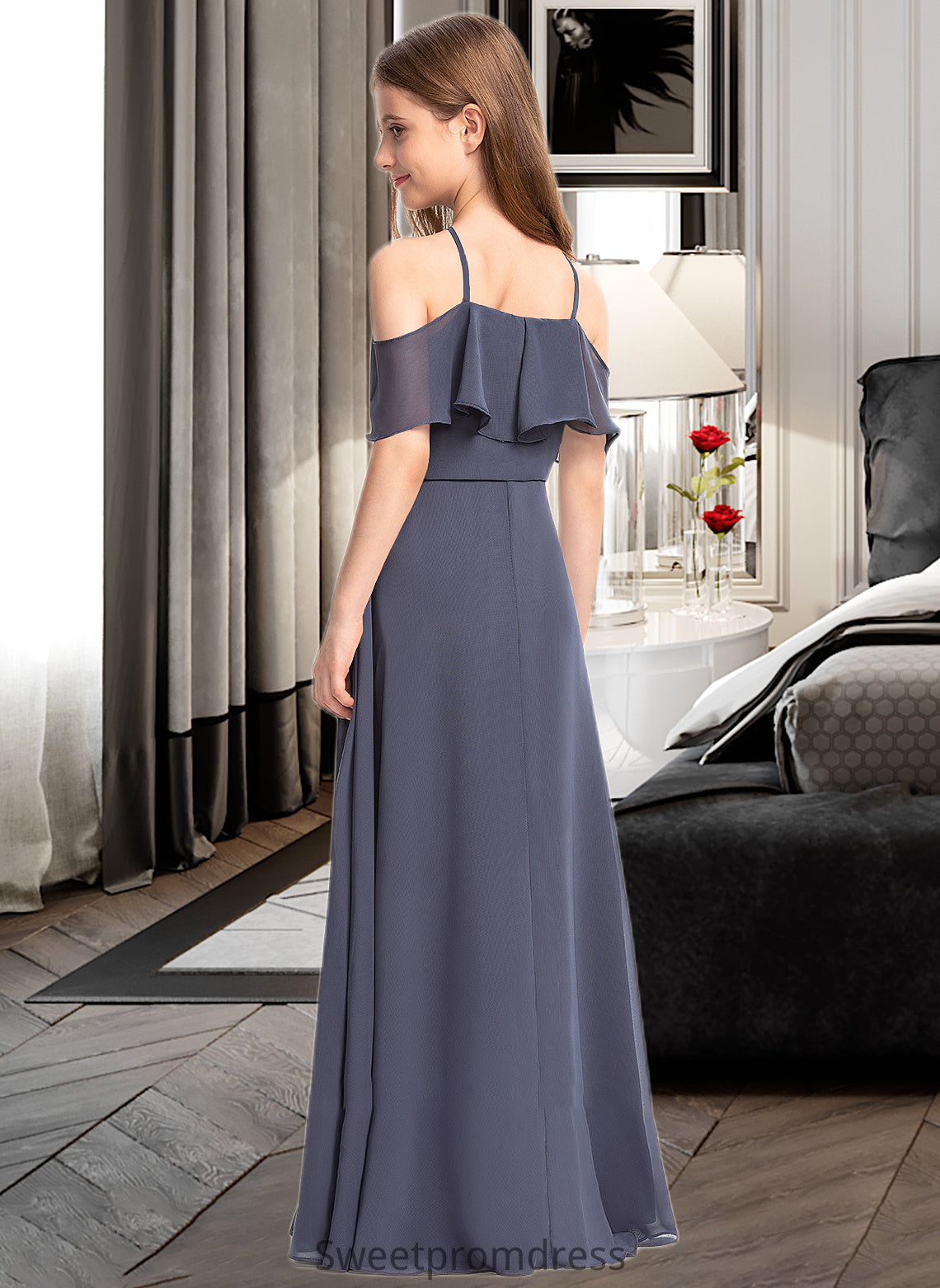 Alexa A-Line Off-the-Shoulder Floor-Length Chiffon Junior Bridesmaid Dress With Cascading Ruffles DHP0013415