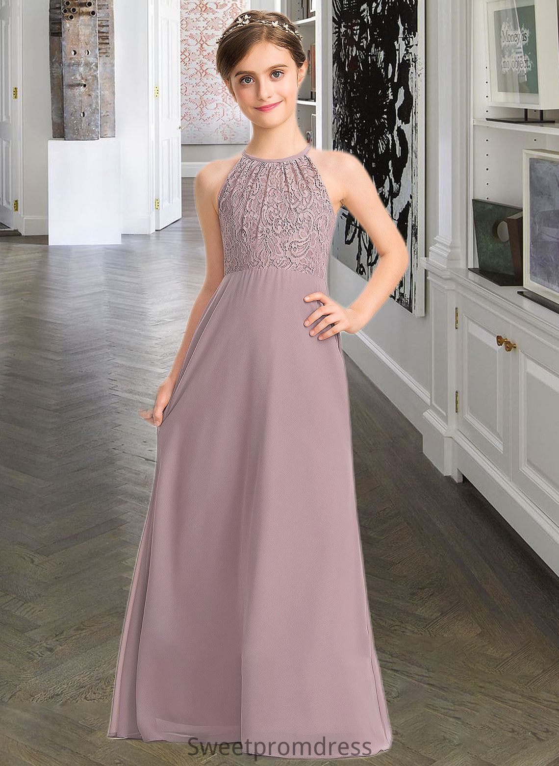 Larissa A-LineScoopNeckFloor-LengthChiffonLaceJuniorBridesmaidDressWithRuffle#173272 DHP0013416