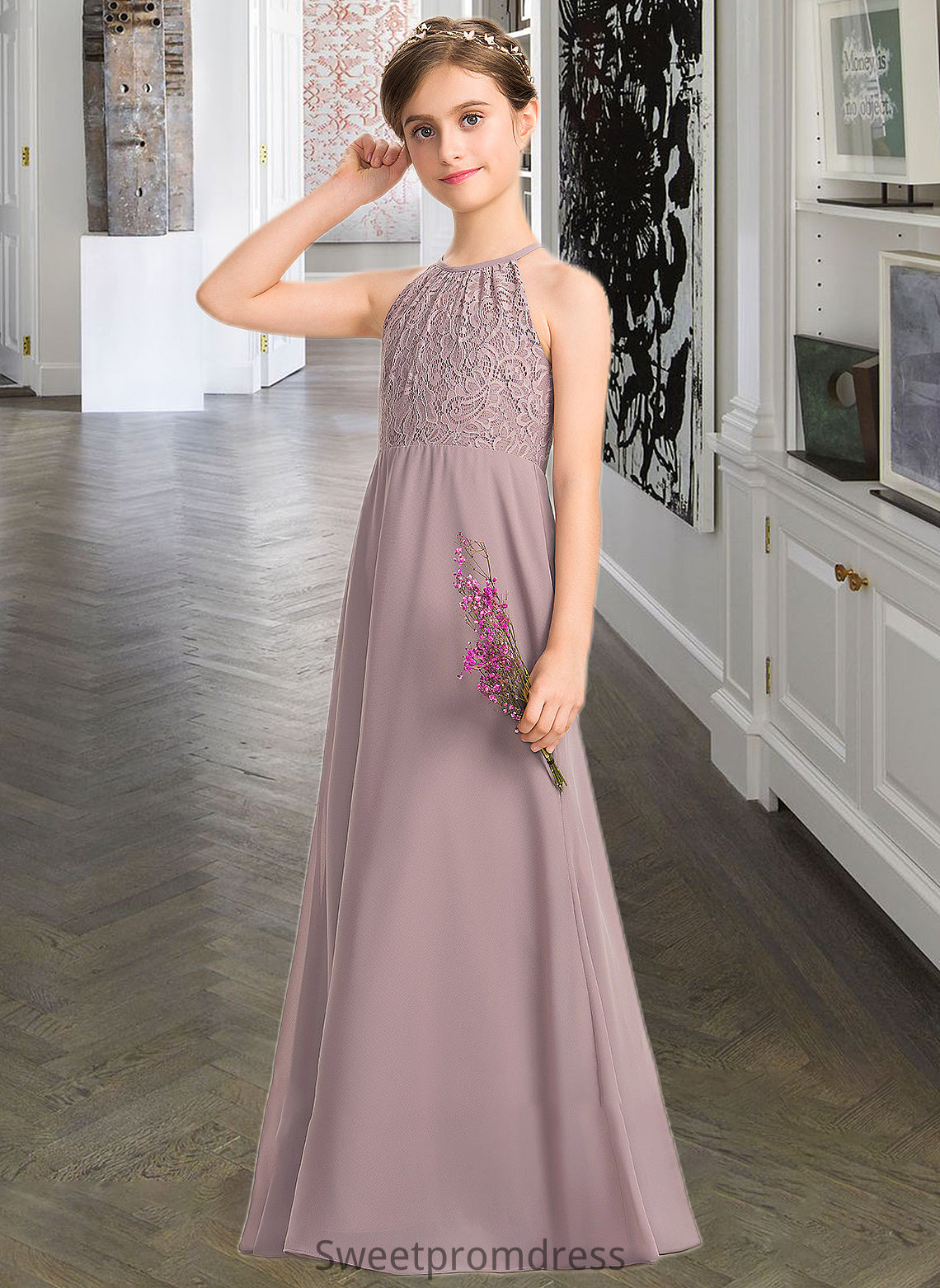 Larissa A-LineScoopNeckFloor-LengthChiffonLaceJuniorBridesmaidDressWithRuffle#173272 DHP0013416