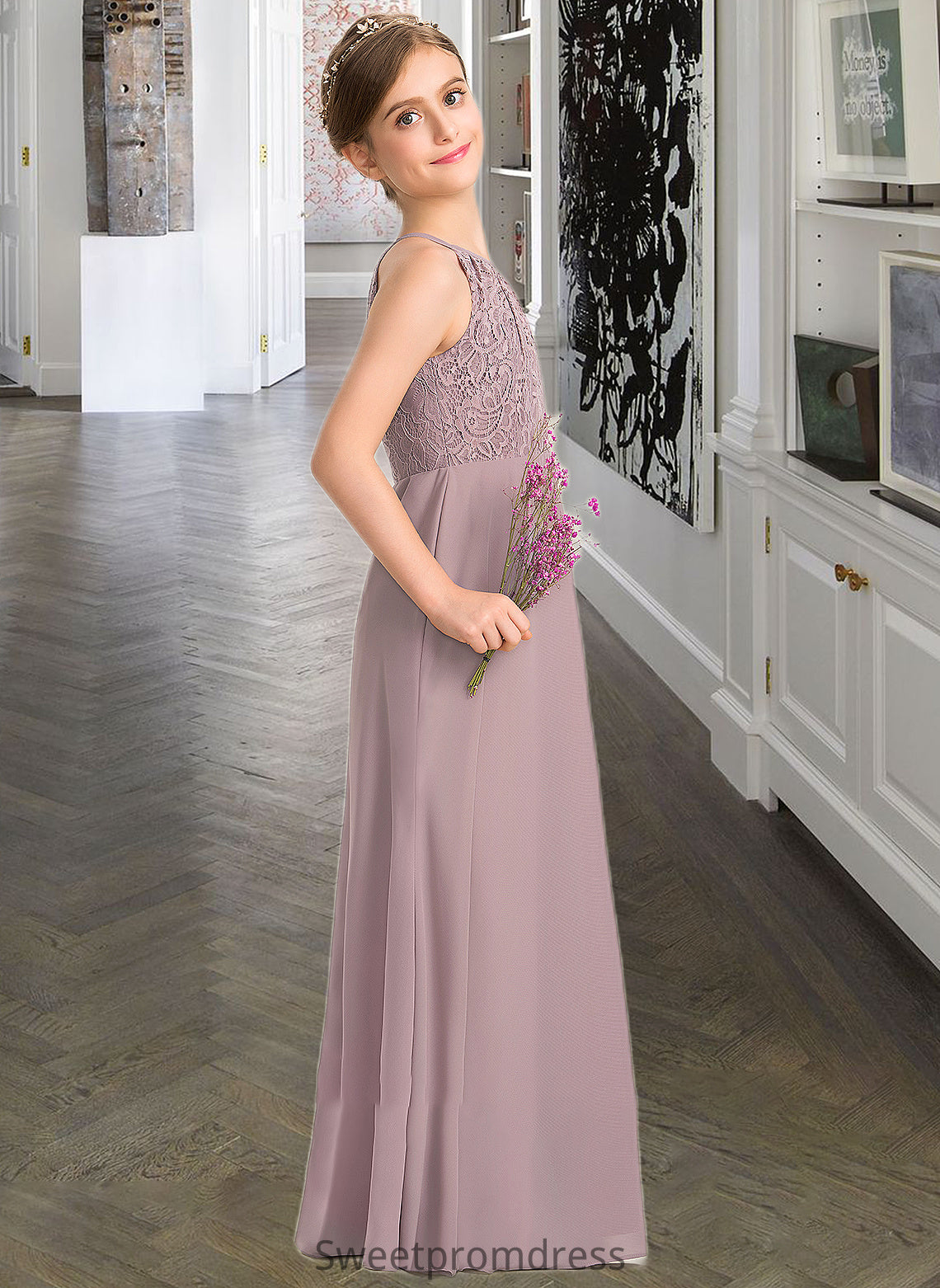 Larissa A-LineScoopNeckFloor-LengthChiffonLaceJuniorBridesmaidDressWithRuffle#173272 DHP0013416