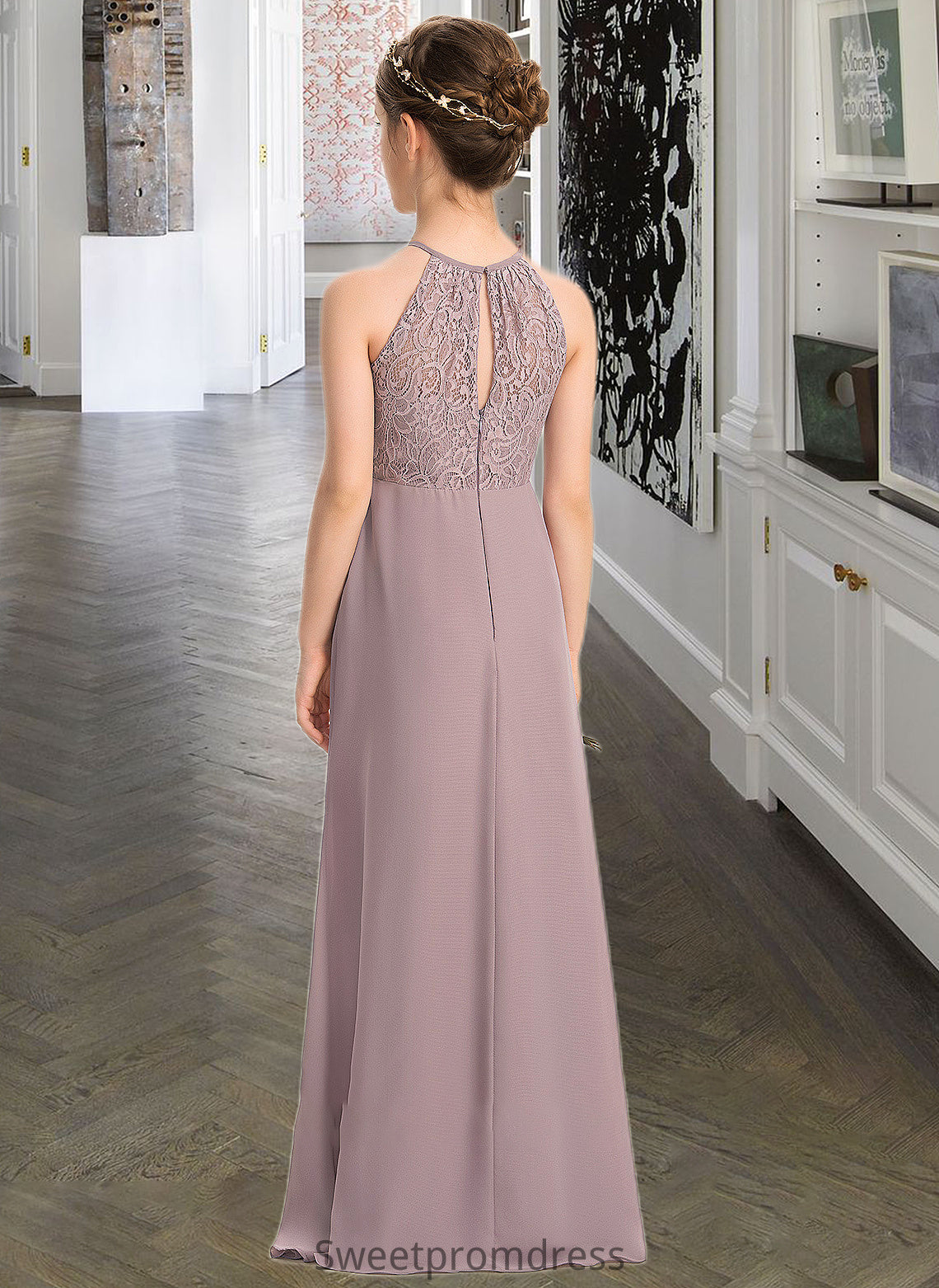 Larissa A-LineScoopNeckFloor-LengthChiffonLaceJuniorBridesmaidDressWithRuffle#173272 DHP0013416