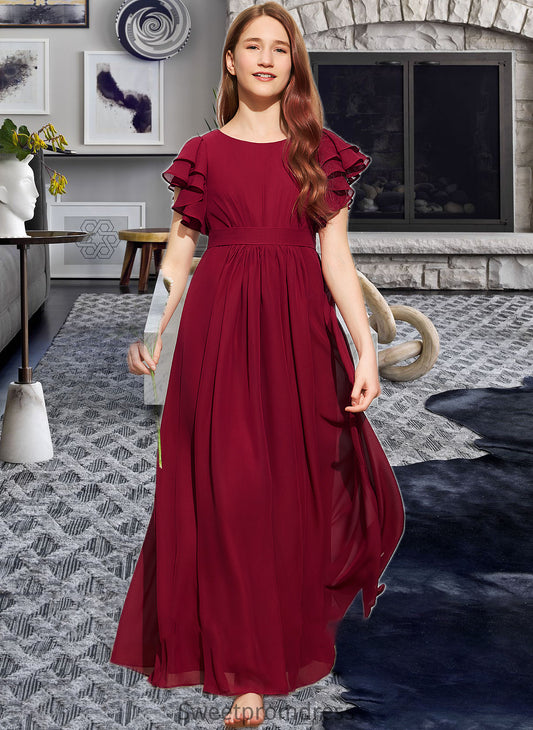 EmeryPiper A-Line Scoop Neck Floor-Length Chiffon Junior Bridesmaid Dress With Cascading Ruffles DHP0013417