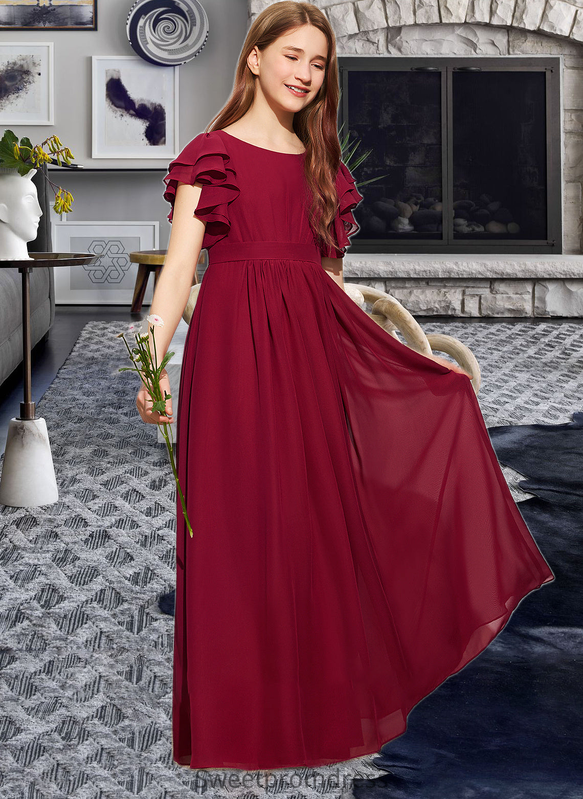 EmeryPiper A-Line Scoop Neck Floor-Length Chiffon Junior Bridesmaid Dress With Cascading Ruffles DHP0013417