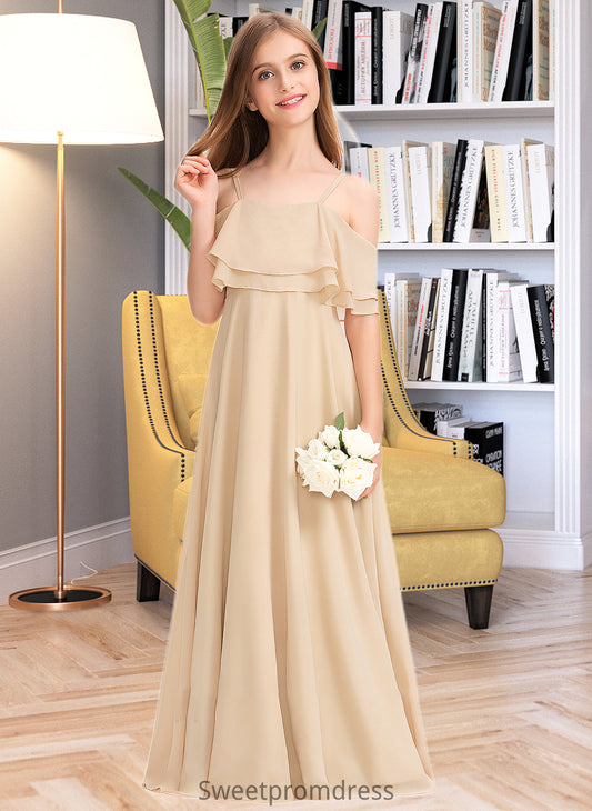 Emelia A-Line Off-the-Shoulder Floor-Length Chiffon Junior Bridesmaid Dress With Cascading Ruffles DHP0013419