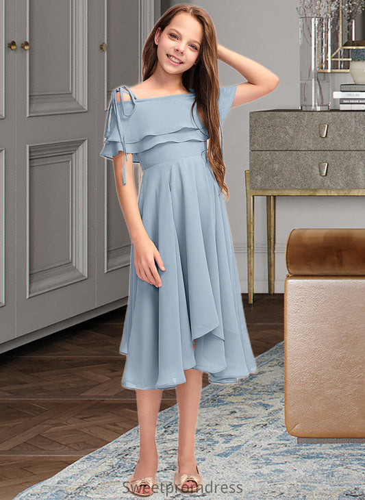 Essence A-Line Off-the-Shoulder Asymmetrical Chiffon Junior Bridesmaid Dress With Cascading Ruffles DHP0013420