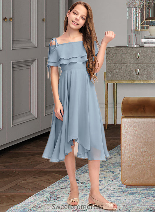 Essence A-Line Off-the-Shoulder Asymmetrical Chiffon Junior Bridesmaid Dress With Cascading Ruffles DHP0013420