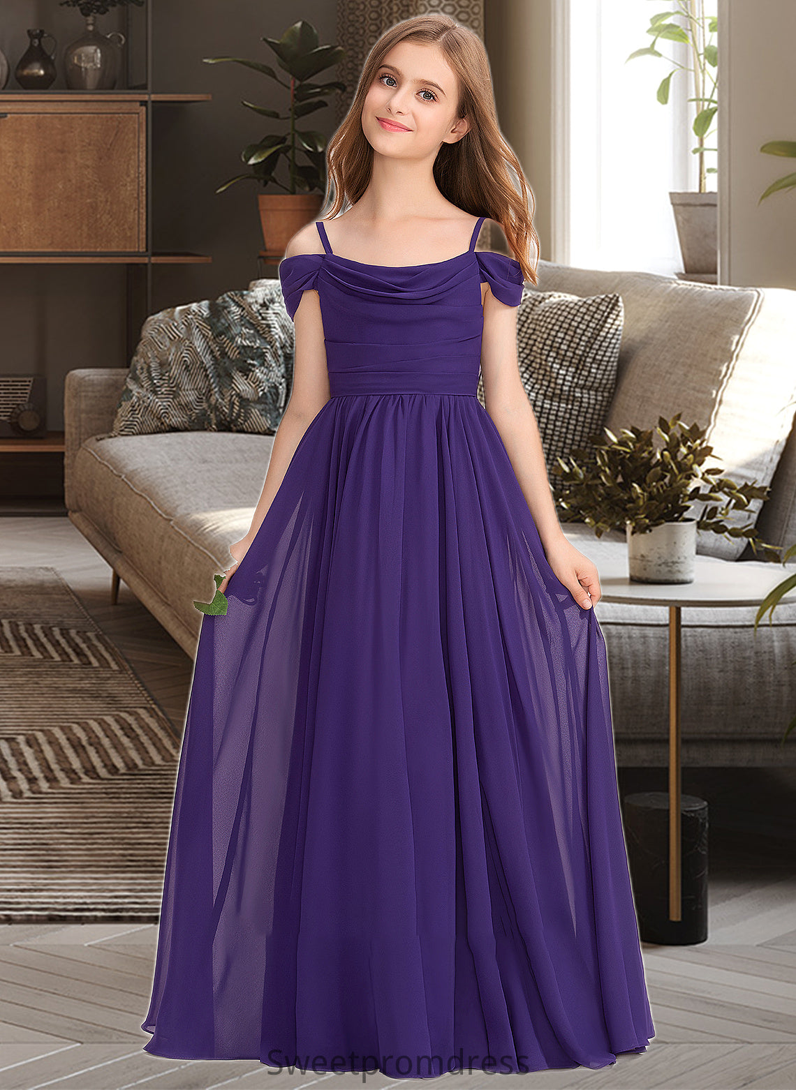 Jenna A-Line Off-the-Shoulder Floor-Length Chiffon Junior Bridesmaid Dress With Ruffle DHP0013421