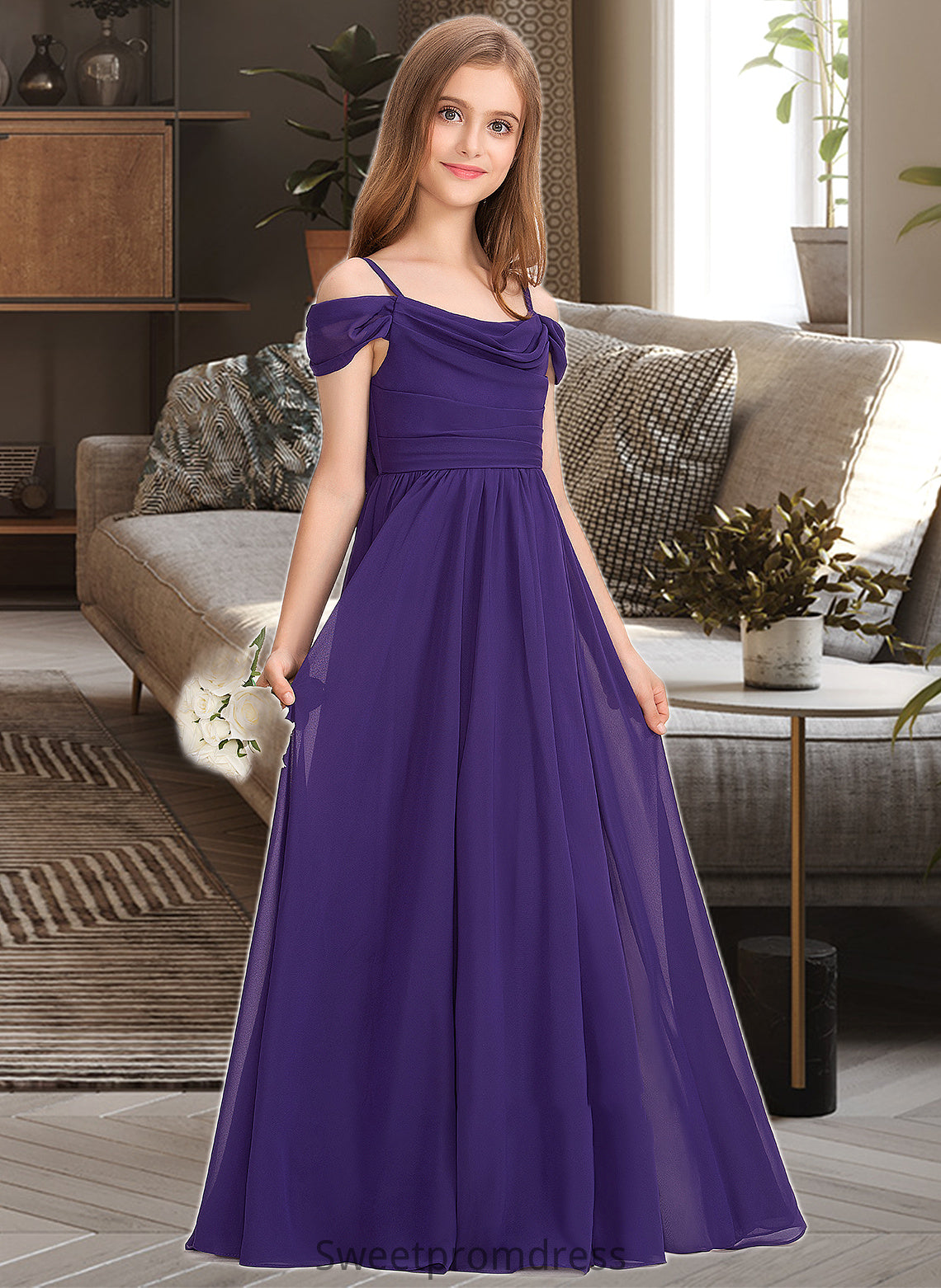 Jenna A-Line Off-the-Shoulder Floor-Length Chiffon Junior Bridesmaid Dress With Ruffle DHP0013421