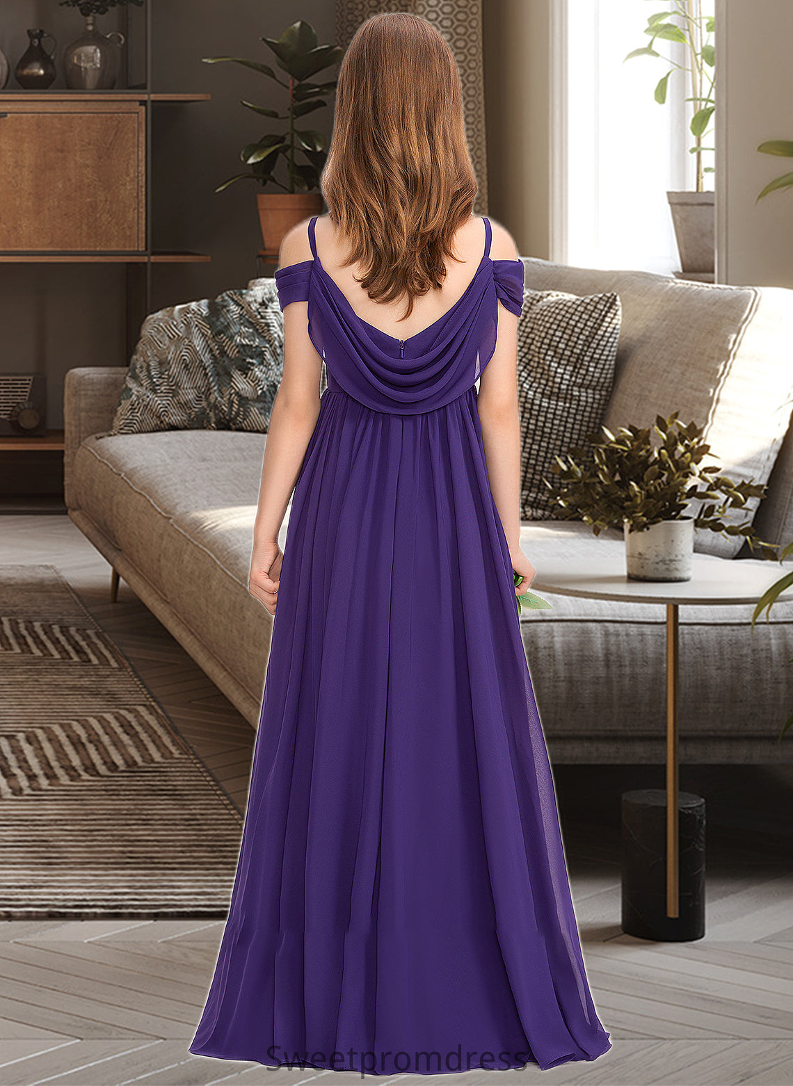 Jenna A-Line Off-the-Shoulder Floor-Length Chiffon Junior Bridesmaid Dress With Ruffle DHP0013421