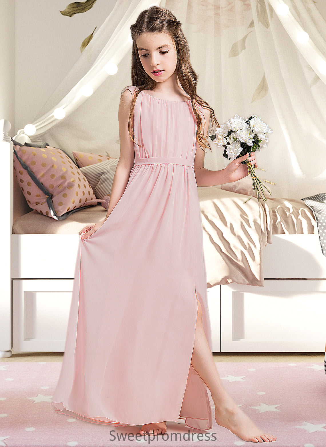 Jo A-Line Scoop Neck Floor-Length Chiffon Junior Bridesmaid Dress With Ruffle Split Front DHP0013425