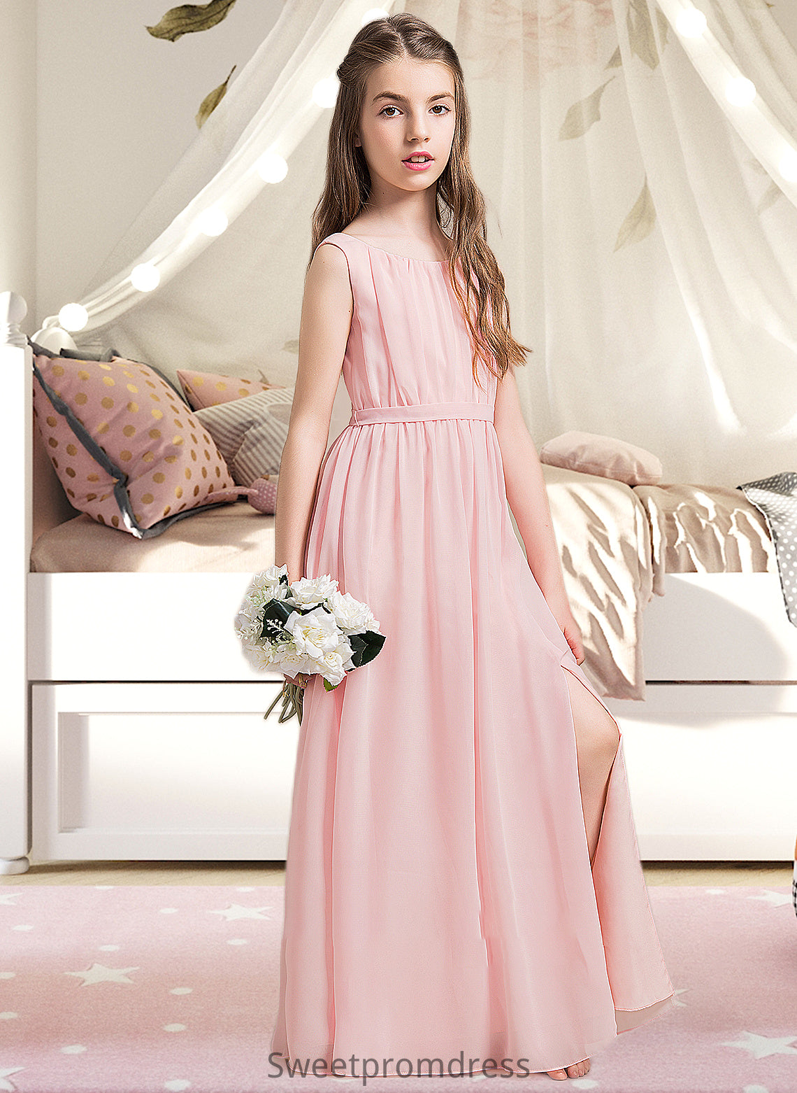 Jo A-Line Scoop Neck Floor-Length Chiffon Junior Bridesmaid Dress With Ruffle Split Front DHP0013425