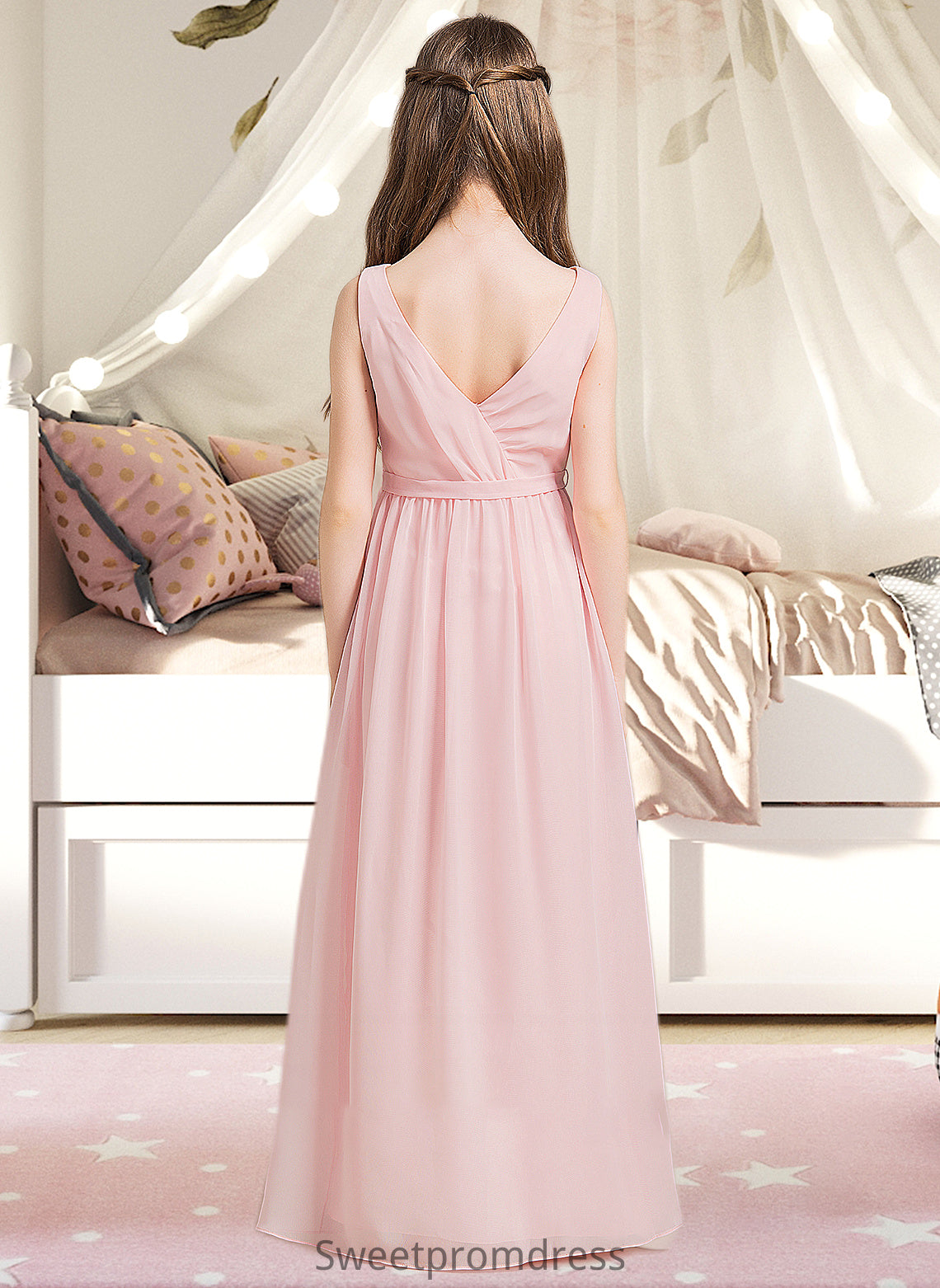 Jo A-Line Scoop Neck Floor-Length Chiffon Junior Bridesmaid Dress With Ruffle Split Front DHP0013425