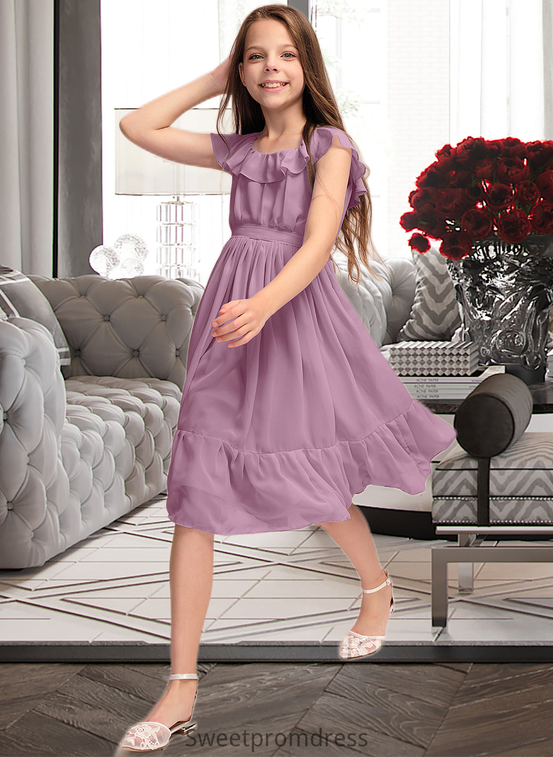 Avery A-Line Scoop Neck Knee-Length Chiffon Junior Bridesmaid Dress With Bow(s) Cascading Ruffles DHP0013426