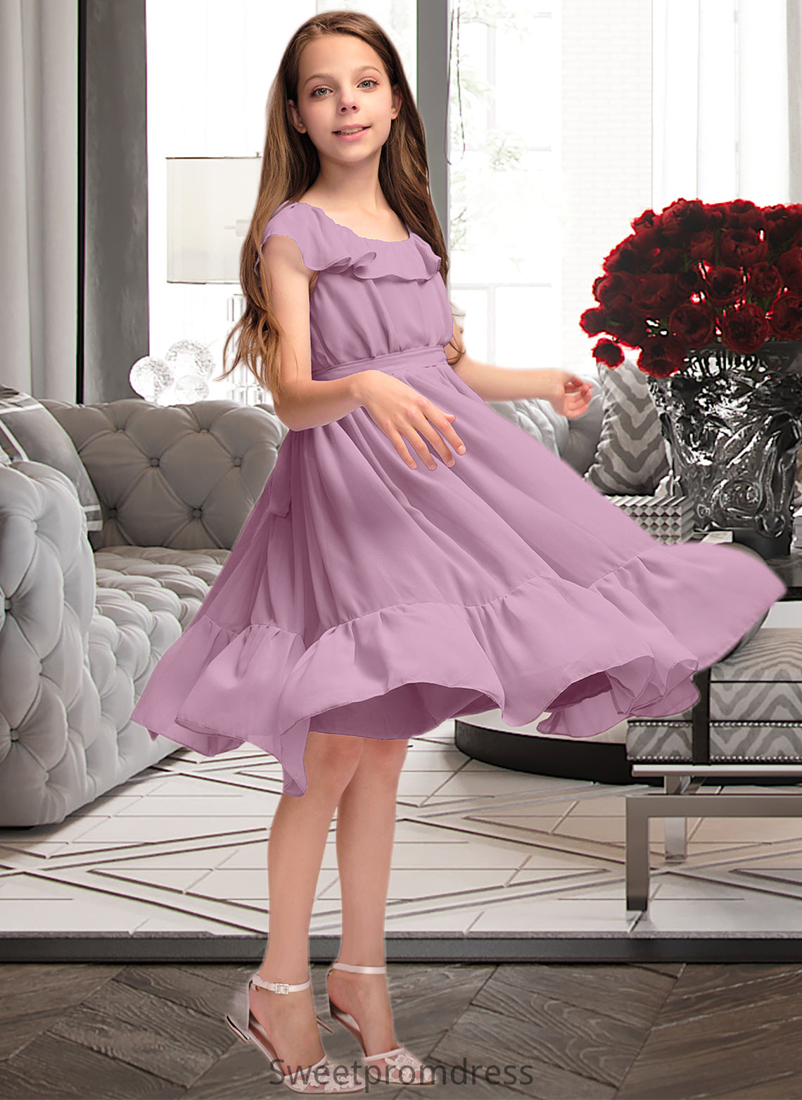 Avery A-Line Scoop Neck Knee-Length Chiffon Junior Bridesmaid Dress With Bow(s) Cascading Ruffles DHP0013426