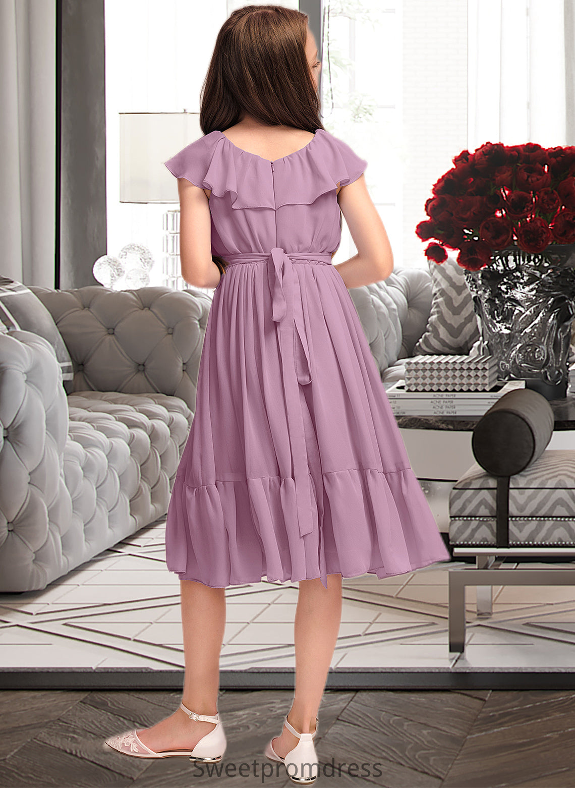 Avery A-Line Scoop Neck Knee-Length Chiffon Junior Bridesmaid Dress With Bow(s) Cascading Ruffles DHP0013426