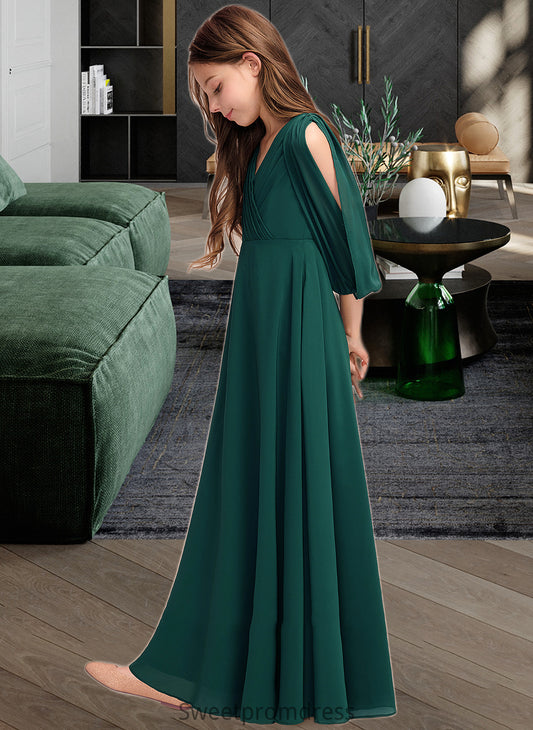 Cadence A-Line V-neck Floor-Length Chiffon Junior Bridesmaid Dress With Ruffles DHP0013427