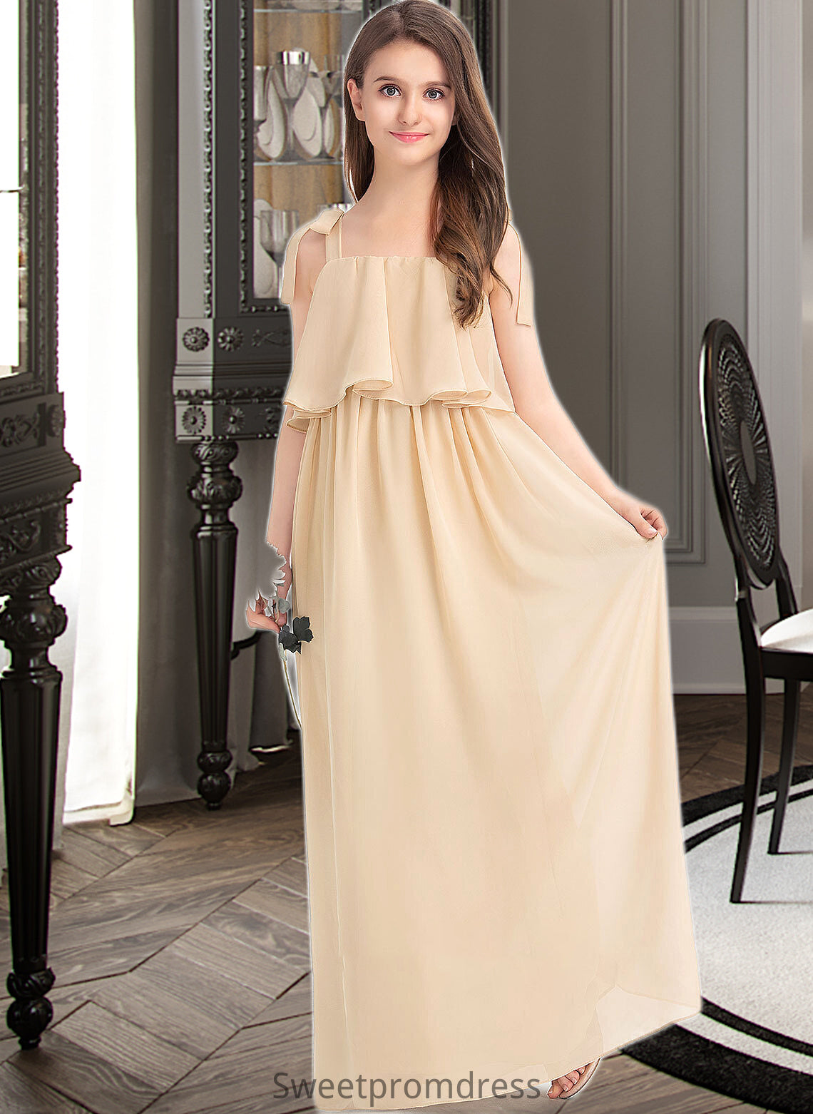 Sylvia A-Line Square Neckline Floor-Length Chiffon Junior Bridesmaid Dress With Bow(s) Cascading Ruffles DHP0013428