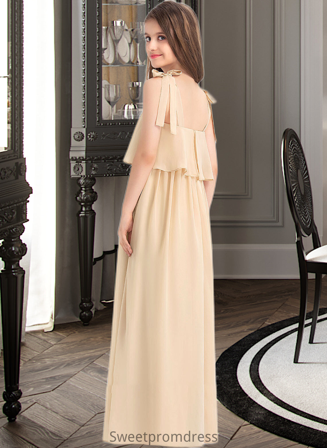 Sylvia A-Line Square Neckline Floor-Length Chiffon Junior Bridesmaid Dress With Bow(s) Cascading Ruffles DHP0013428