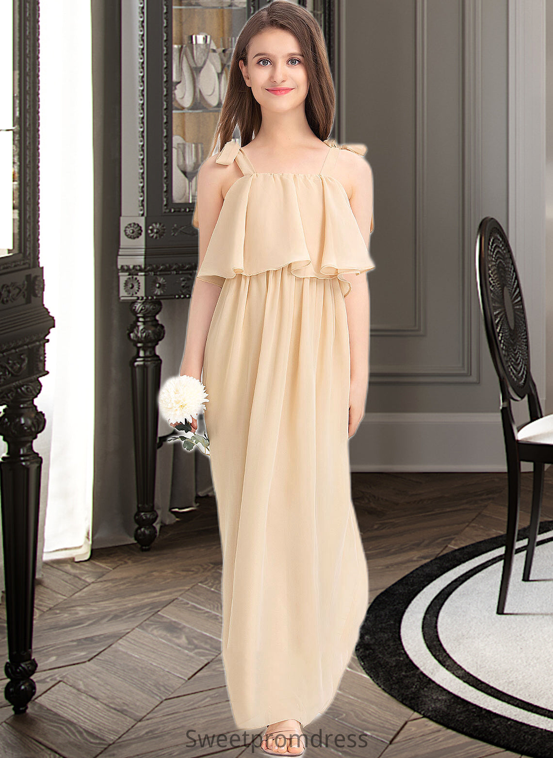 Sylvia A-Line Square Neckline Floor-Length Chiffon Junior Bridesmaid Dress With Bow(s) Cascading Ruffles DHP0013428