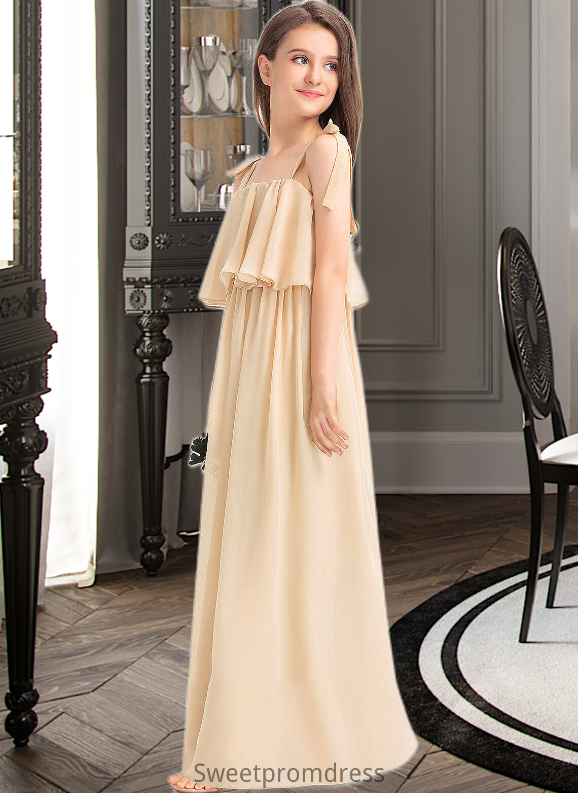 Sylvia A-Line Square Neckline Floor-Length Chiffon Junior Bridesmaid Dress With Bow(s) Cascading Ruffles DHP0013428