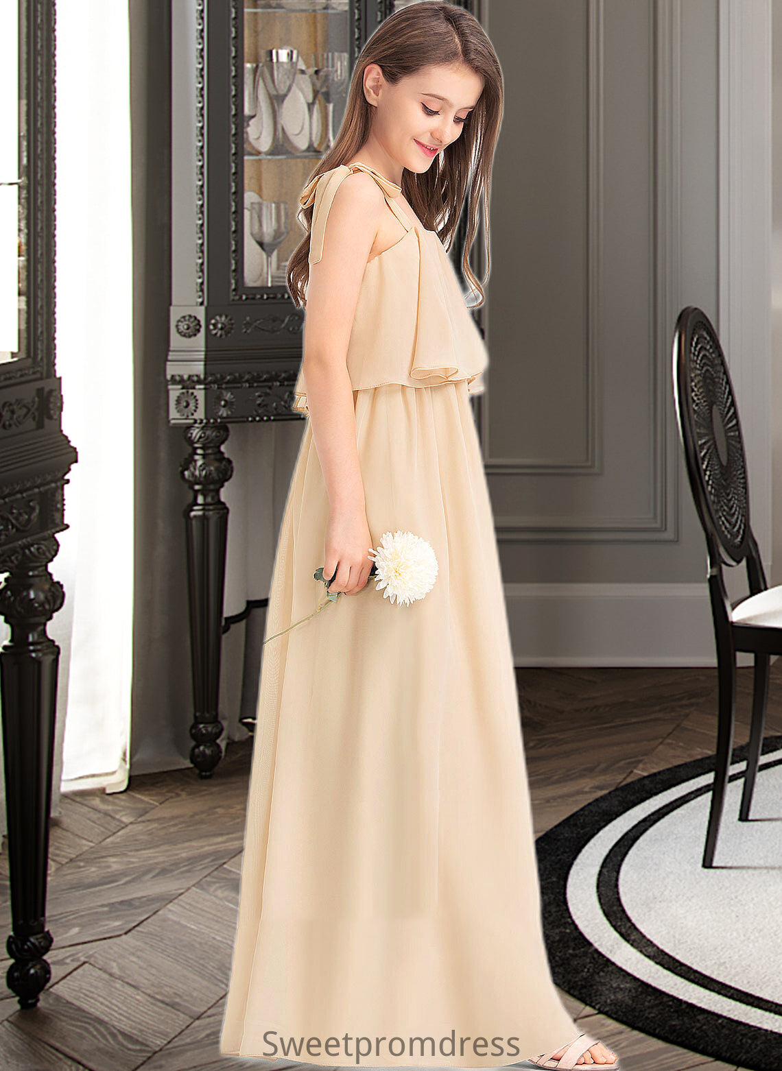 Sylvia A-Line Square Neckline Floor-Length Chiffon Junior Bridesmaid Dress With Bow(s) Cascading Ruffles DHP0013428