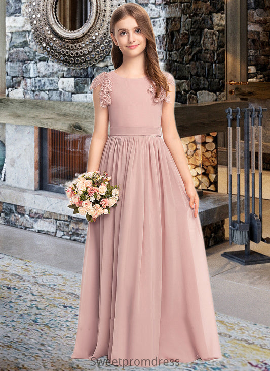 Sophronia A-Line Scoop Neck Floor-Length Chiffon Lace Junior Bridesmaid Dress With Bow(s) DHP0013429