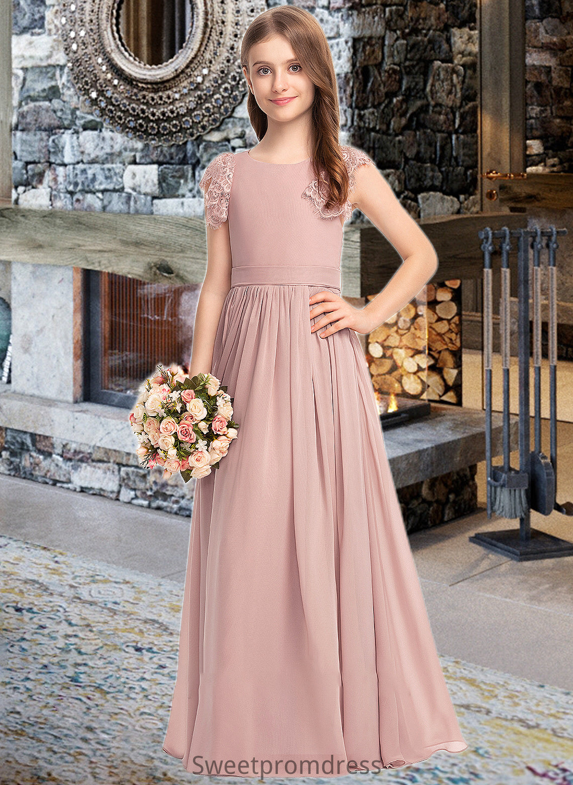 Sophronia A-Line Scoop Neck Floor-Length Chiffon Lace Junior Bridesmaid Dress With Bow(s) DHP0013429