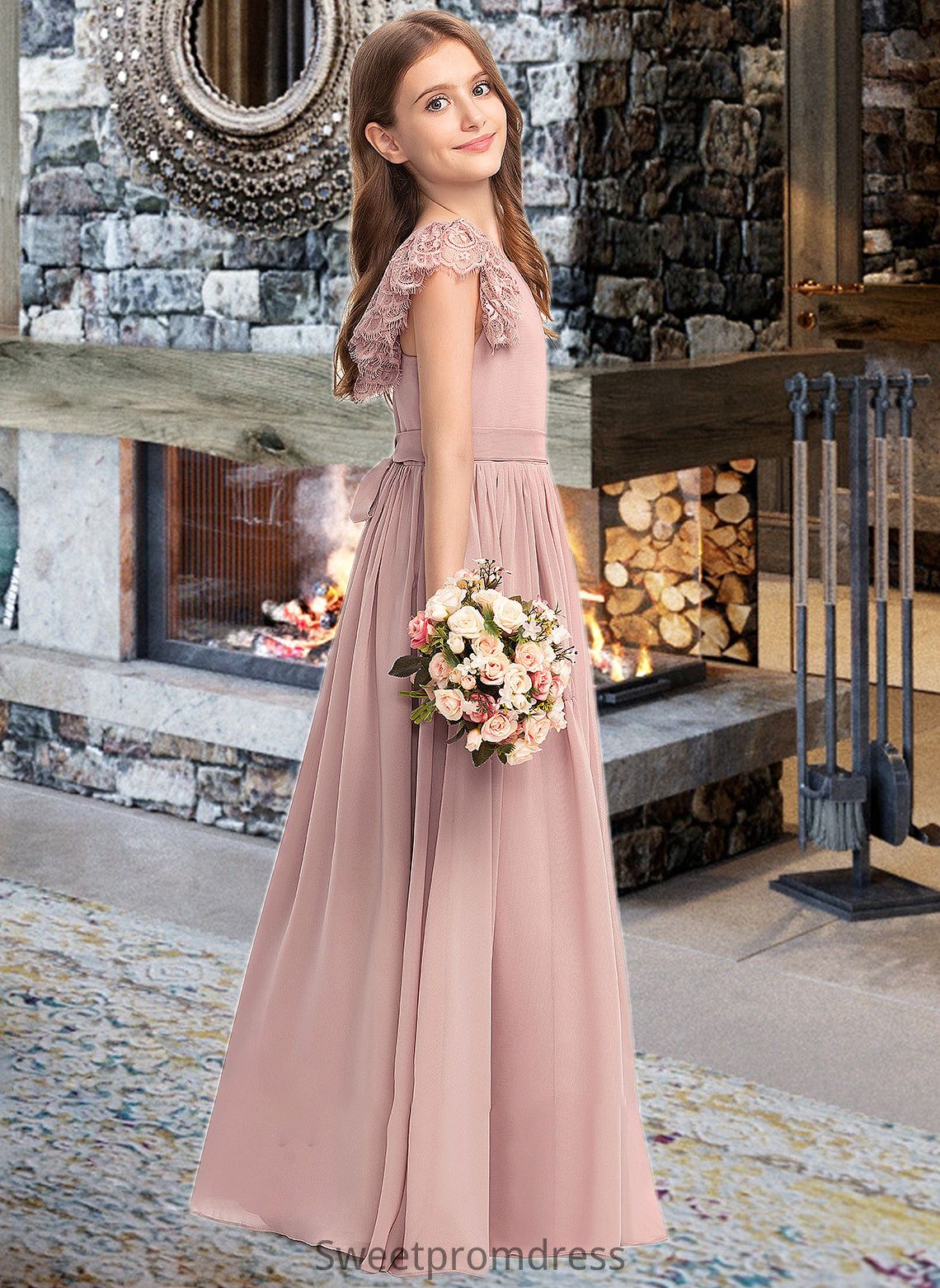 Sophronia A-Line Scoop Neck Floor-Length Chiffon Lace Junior Bridesmaid Dress With Bow(s) DHP0013429