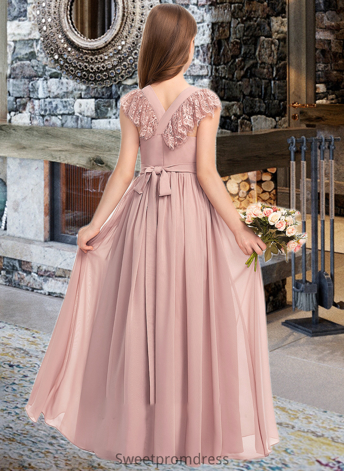 Sophronia A-Line Scoop Neck Floor-Length Chiffon Lace Junior Bridesmaid Dress With Bow(s) DHP0013429