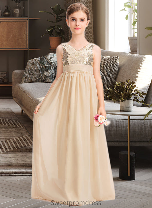 Adalynn A-Line V-neck Floor-Length Chiffon Sequined Junior Bridesmaid Dress With Ruffle DHP0013430